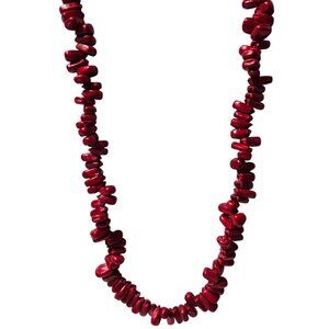 Red Coral Chip Bead Necklace Black Suede Tie Closure Handmade Jewelry